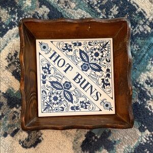 Vintage Wooden Trivet Tray with Blue Floral 'Hot Buns' Tile
